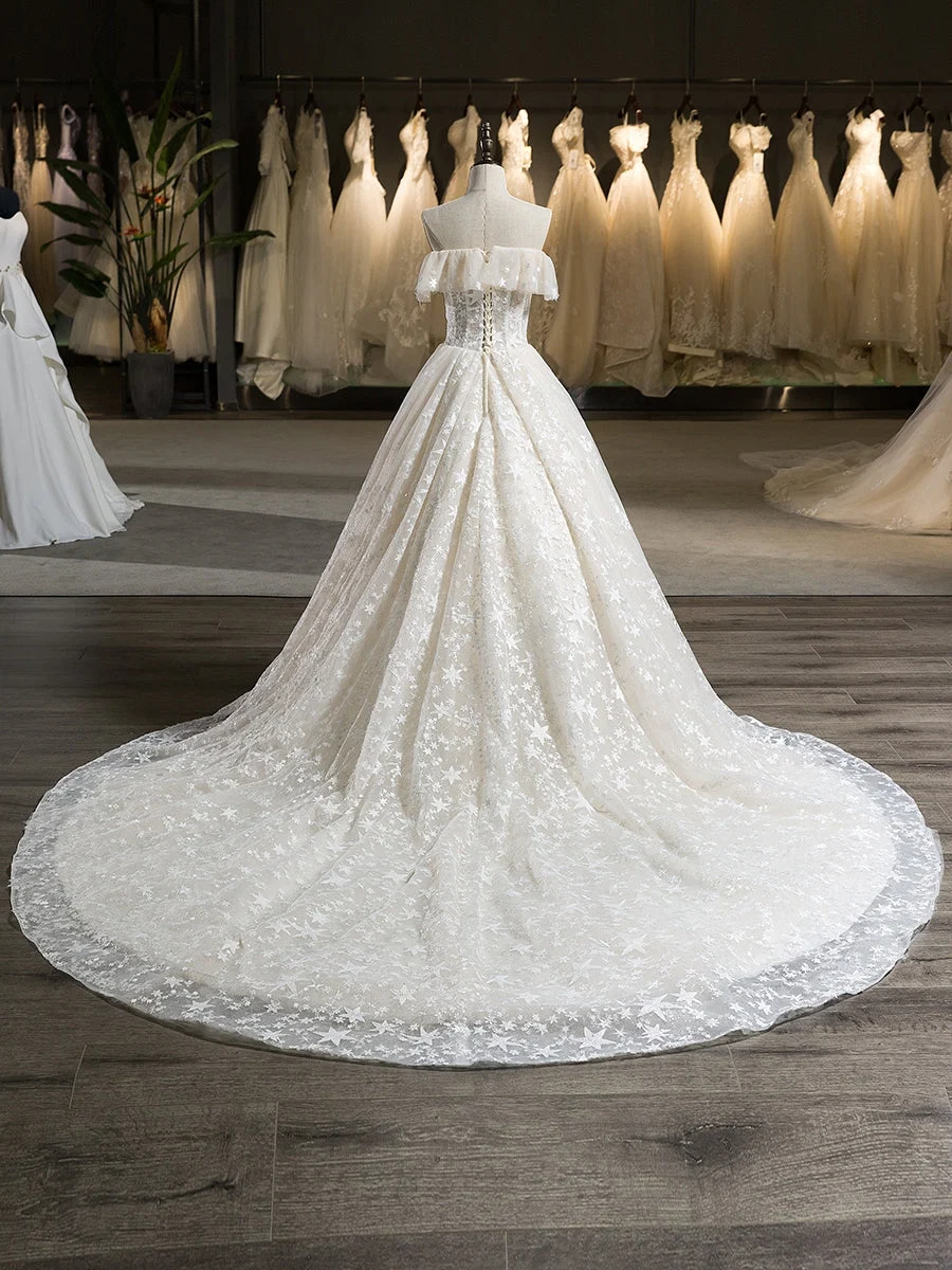 Tule Sem Mangas Strapless Court Train com Babado Estrela Vestido de Baile Vestidos de Casamento - Image 3