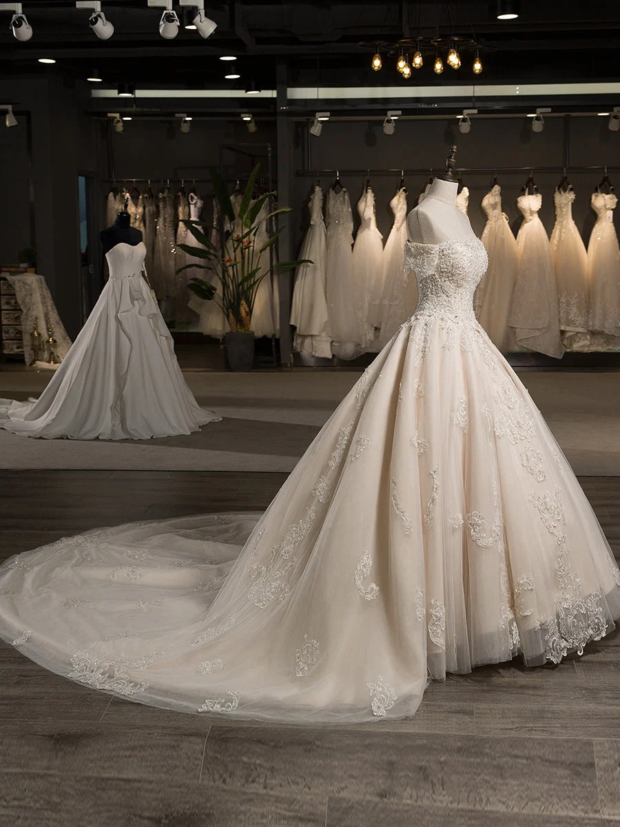 Off-The-Ombro Mangas Curtas Tule Applique com Beading Court Train Vestidos de Casamento - Image 4