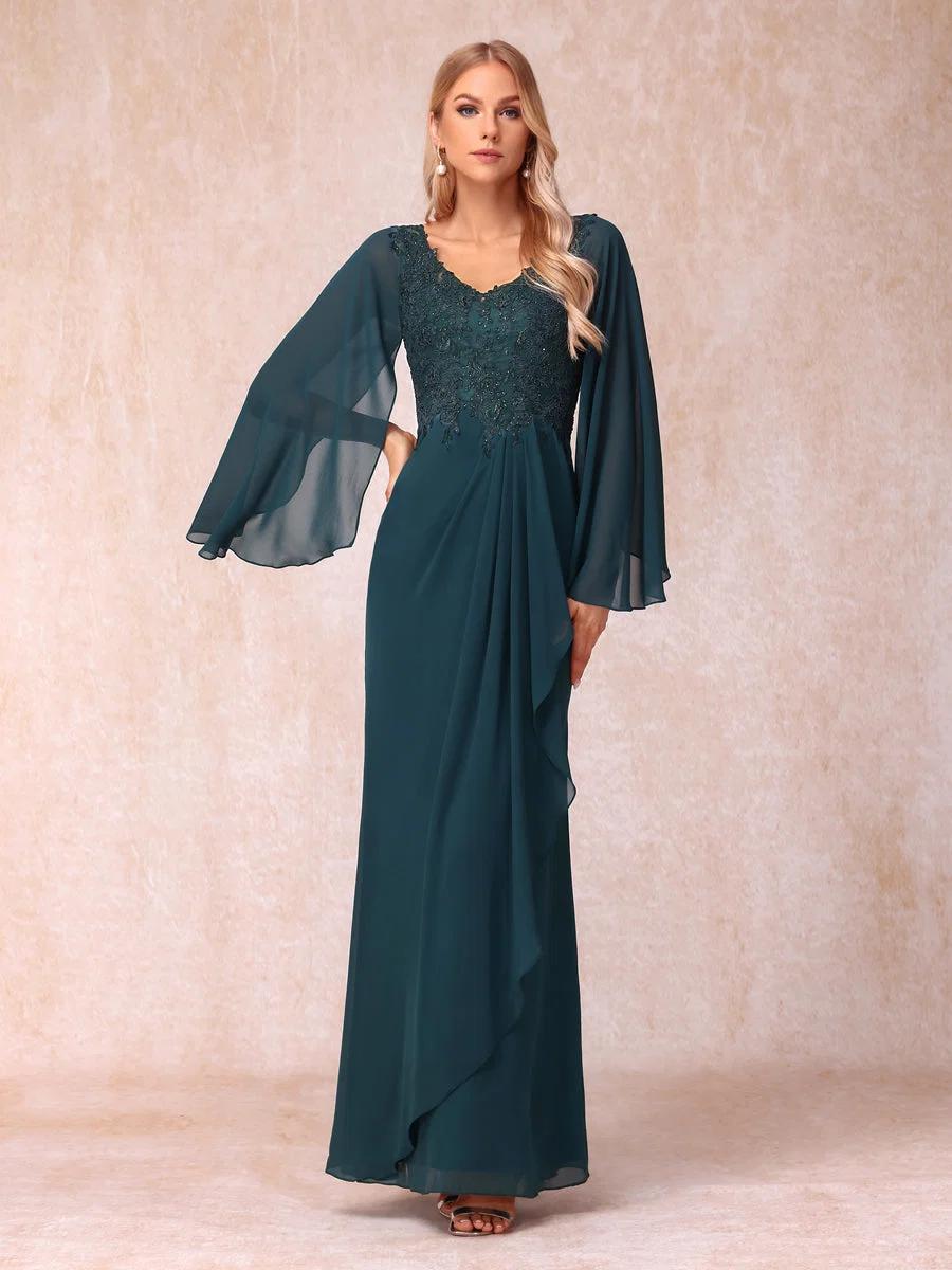 Bainha/Coluna Decote Em V Mangas Compridas Vestidos de Noite Formais Longos com Lantejoulas e Apliques - Image 5