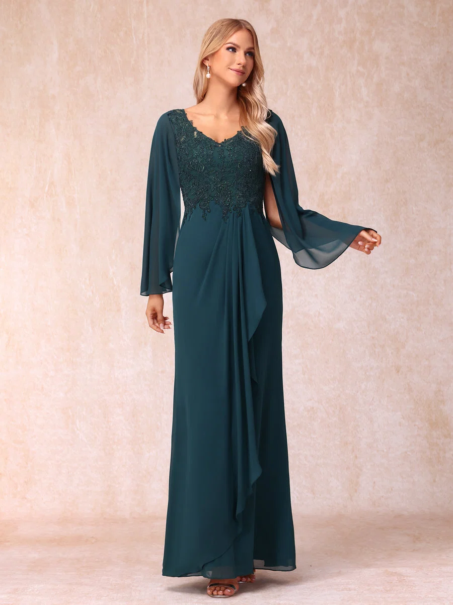 Bainha/Coluna Decote Em V Mangas Compridas Vestidos de Noite Formais Longos com Lantejoulas e Apliques - Image 6