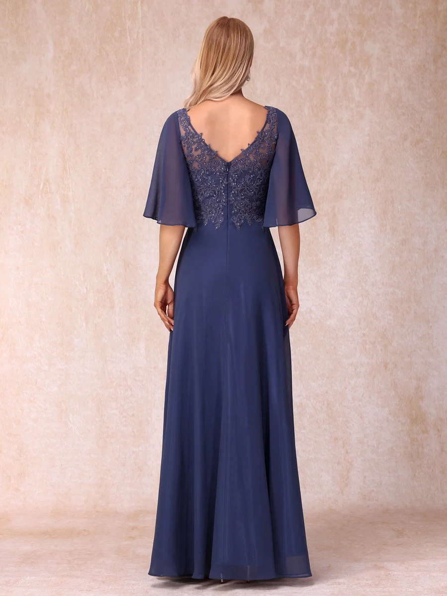 Vestidos de Noite Longos Formais/Princesa com Decote Em V Meia Manga Longos e Formais com Miçangas e Apliques - Image 3