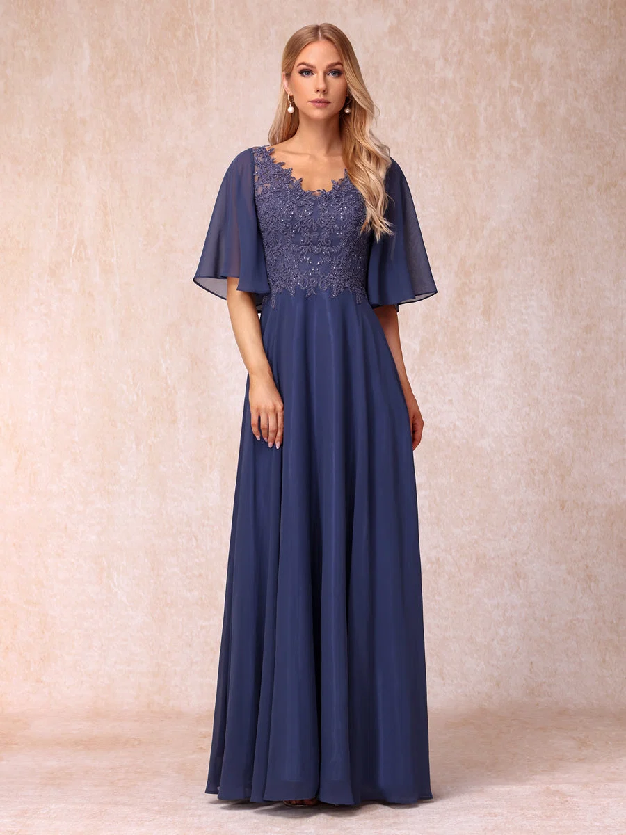 Vestidos de Noite Longos Formais/Princesa com Decote Em V Meia Manga Longos e Formais com Miçangas e Apliques - Image 4