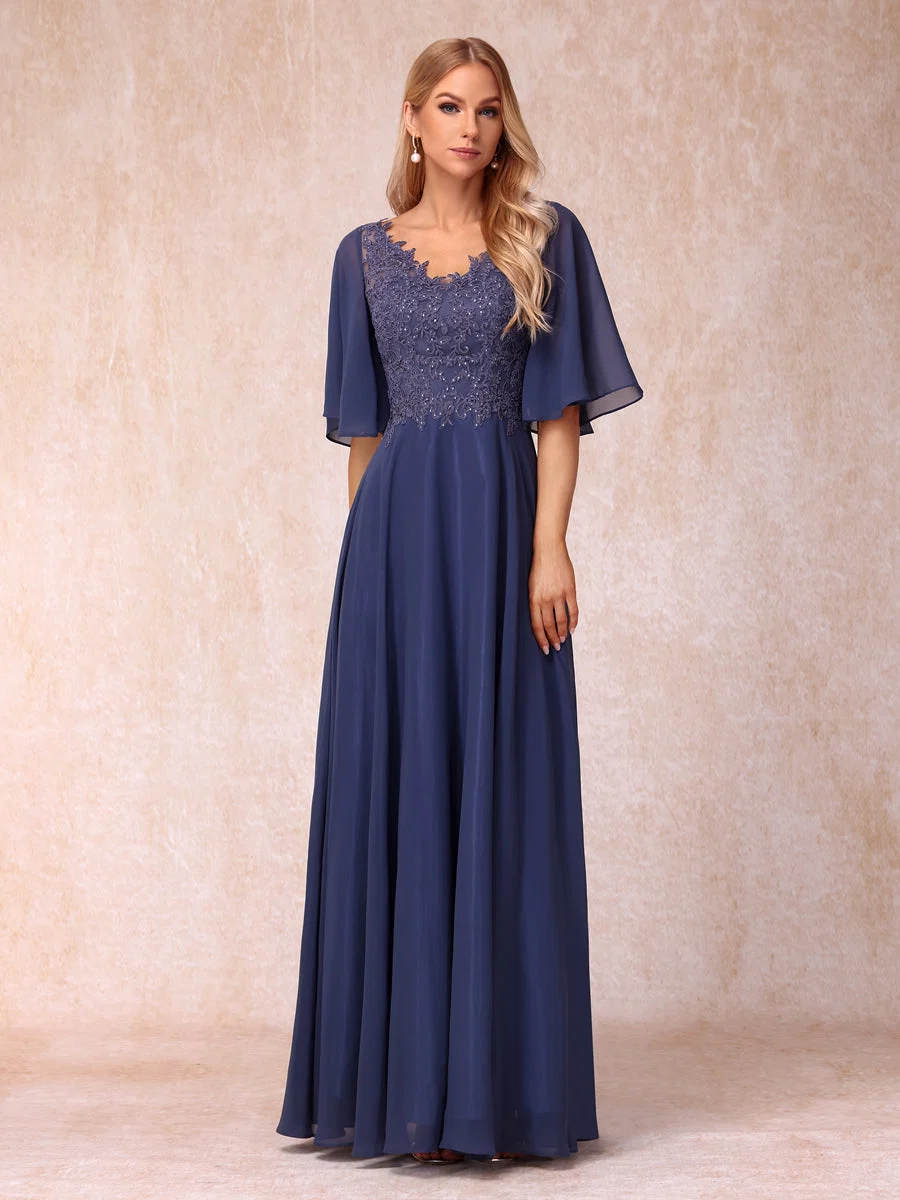 Vestidos de Noite Longos Formais/Princesa com Decote Em V Meia Manga Longos e Formais com Miçangas e Apliques - Image 6