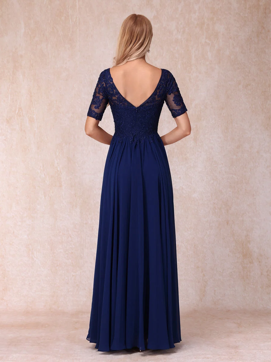 A-Line/Princesa com Decote Em V Mangas Curtas Vestidos Longos de Noite Formais com Miçangas e Apliques - Image 3