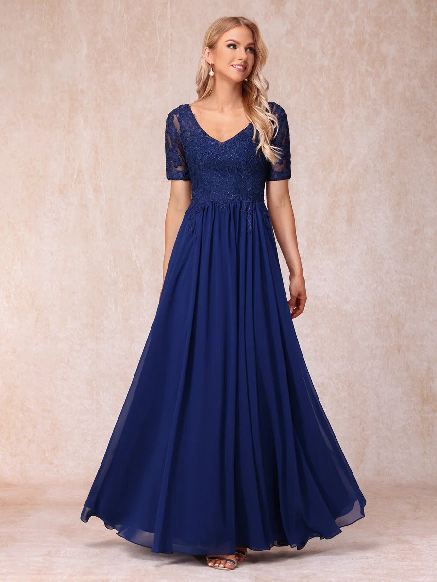 A-Line/Princesa com Decote Em V Mangas Curtas Vestidos Longos de Noite Formais com Miçangas e Apliques - Image 6