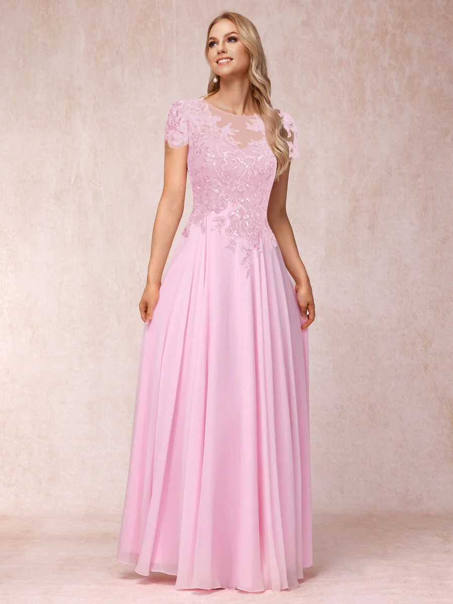 A-Line/Princesa Sheer Neck Mangas Curtas Longos Vestidos de Noite Formais com Apliques - Image 2