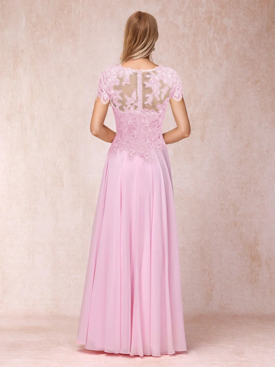 A-Line/Princesa Sheer Neck Mangas Curtas Longos Vestidos de Noite Formais com Apliques - Image 3