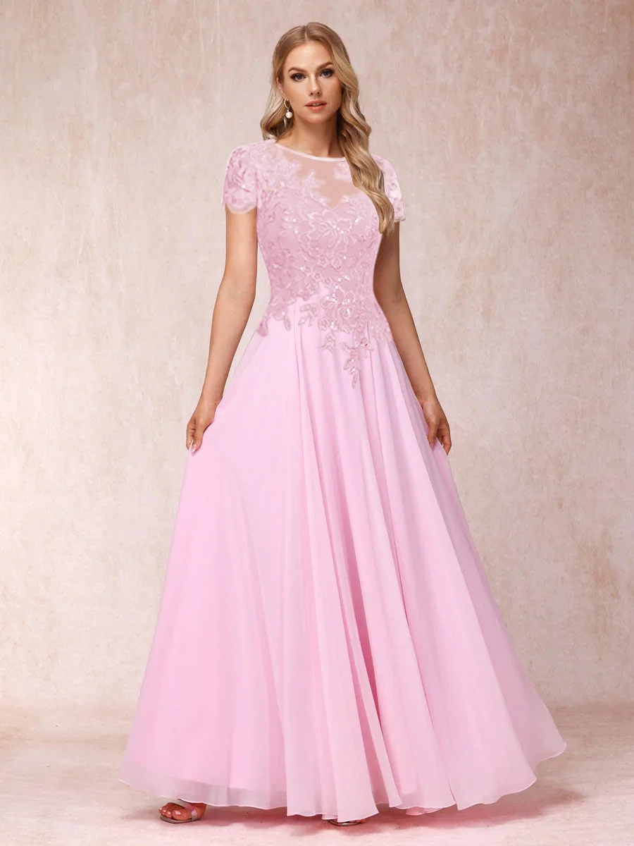 A-Line/Princesa Sheer Neck Mangas Curtas Longos Vestidos de Noite Formais com Apliques - Image 4