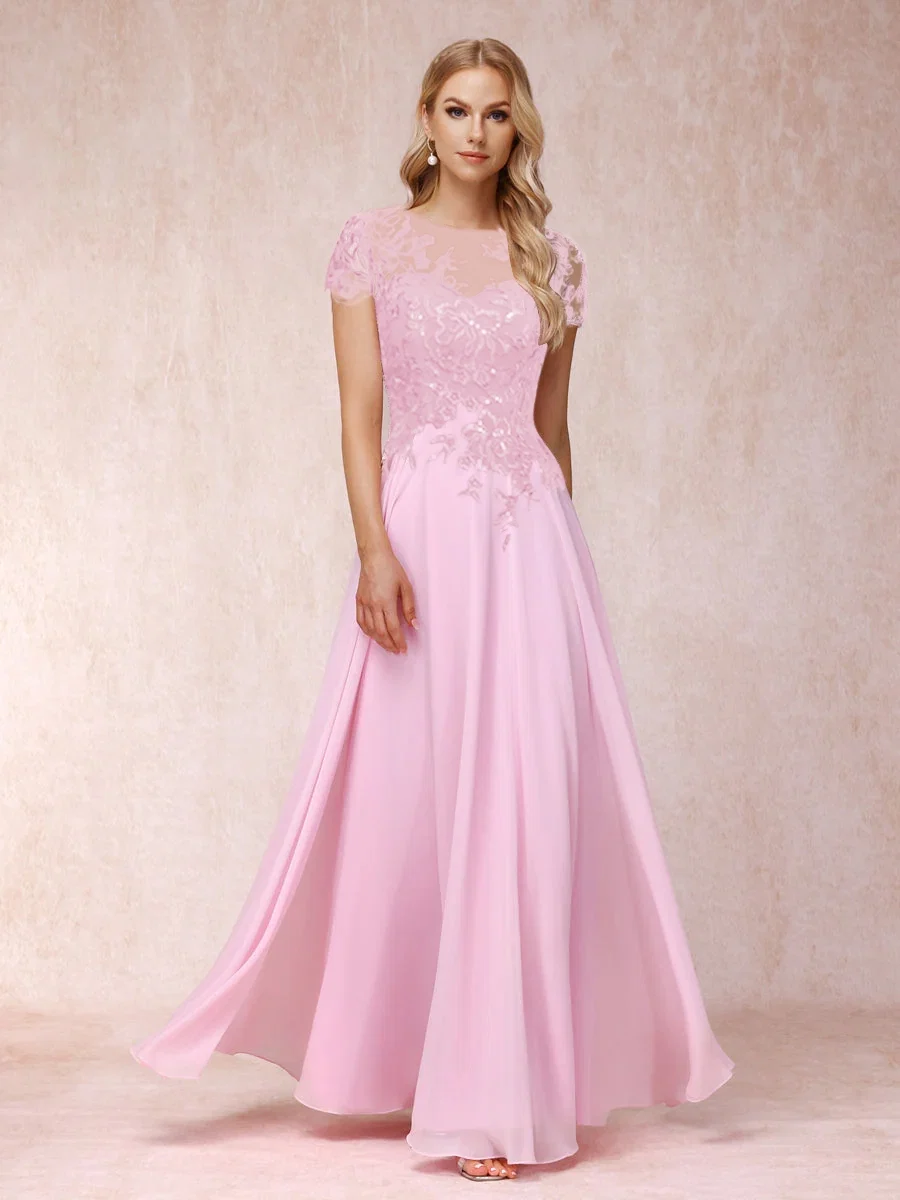 A-Line/Princesa Sheer Neck Mangas Curtas Longos Vestidos de Noite Formais com Apliques - Image 6