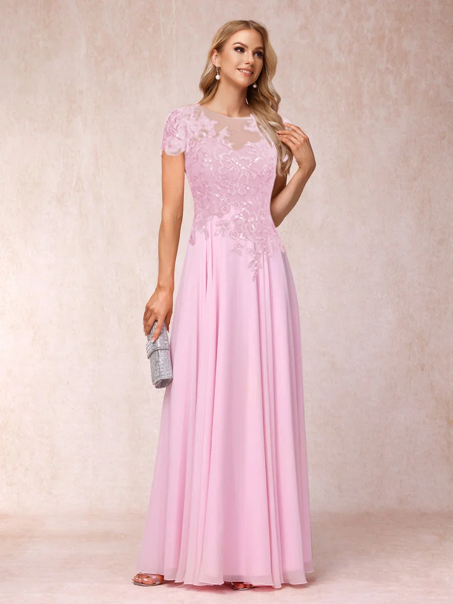 A-Line/Princesa Sheer Neck Mangas Curtas Longos Vestidos de Noite Formais com Apliques - Image 7