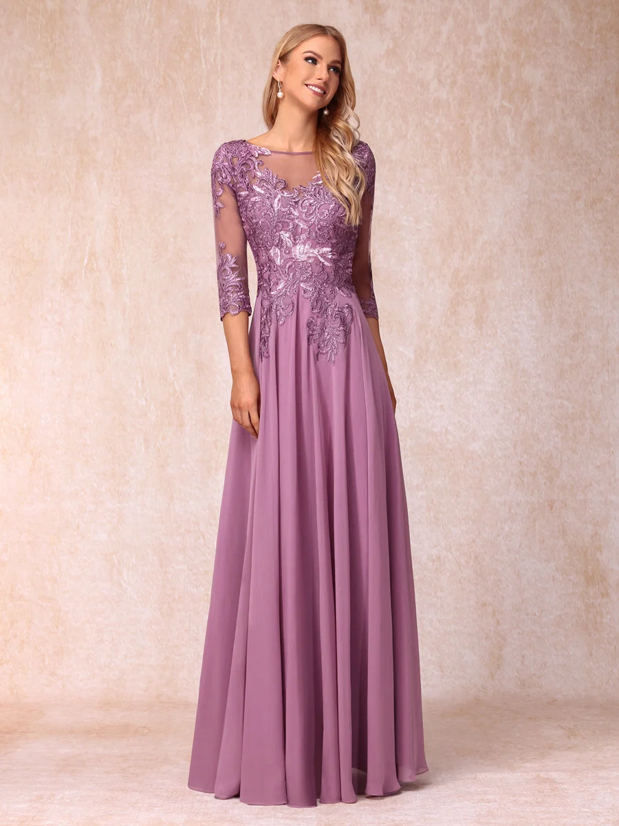 A-Line/Princesa Sheer Neck Mangas 3/4 Longos Vestidos de Noite Formais com Lantejoulas e Apliques - Image 2