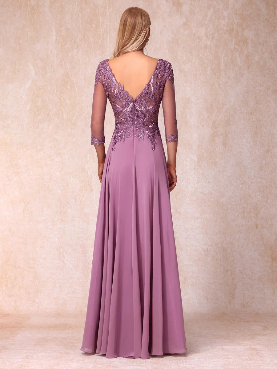 A-Line/Princesa Sheer Neck Mangas 3/4 Longos Vestidos de Noite Formais com Lantejoulas e Apliques - Image 3