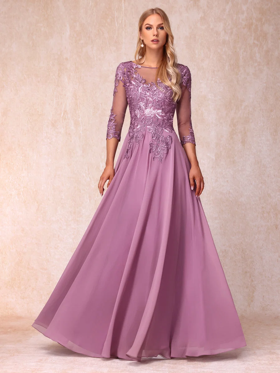 A-Line/Princesa Sheer Neck Mangas 3/4 Longos Vestidos de Noite Formais com Lantejoulas e Apliques - Image 4