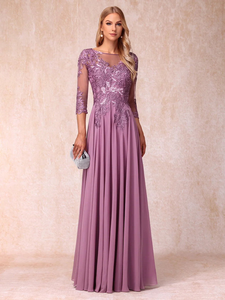 A-Line/Princesa Sheer Neck Mangas 3/4 Longos Vestidos de Noite Formais com Lantejoulas e Apliques - Image 5