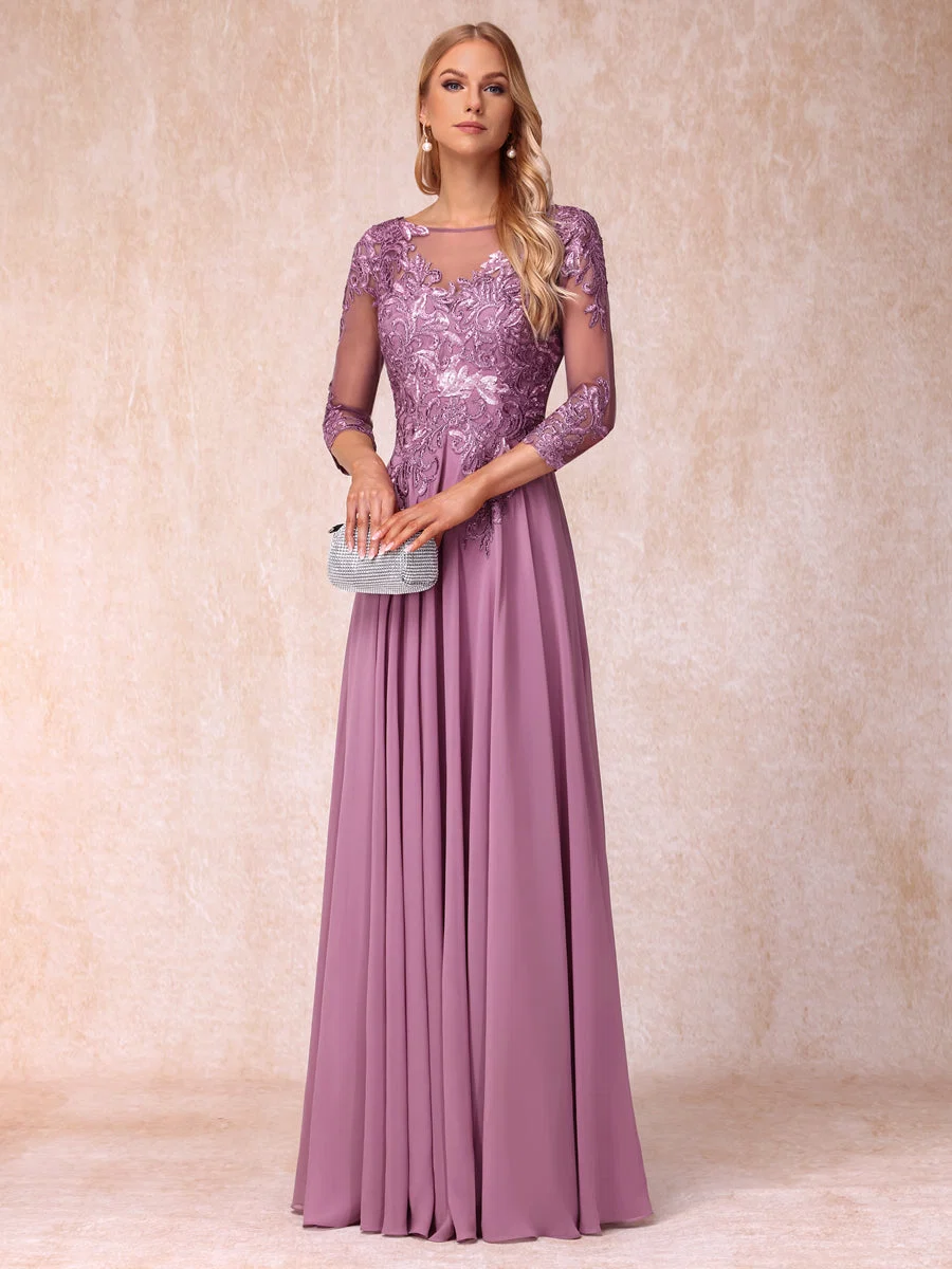 A-Line/Princesa Sheer Neck Mangas 3/4 Longos Vestidos de Noite Formais com Lantejoulas e Apliques - Image 6
