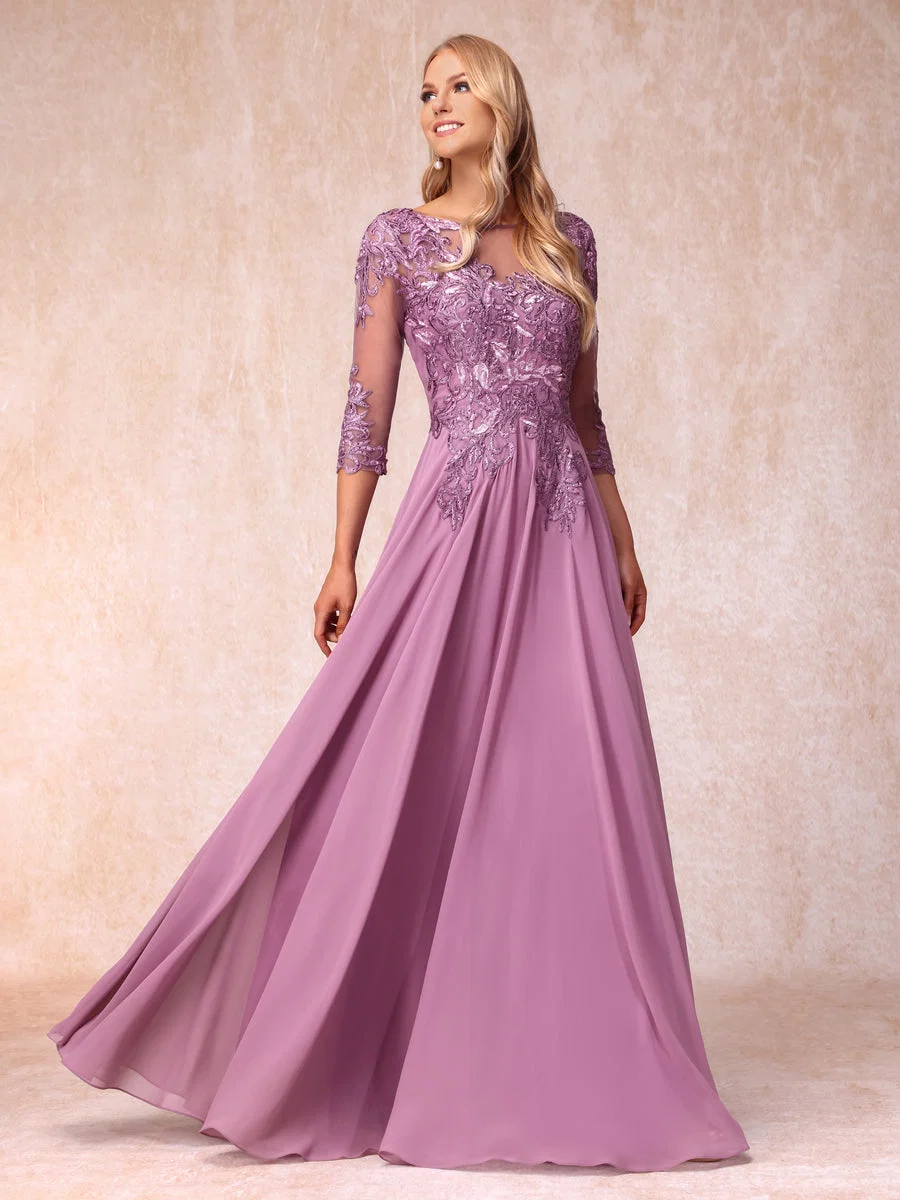 A-Line/Princesa Sheer Neck Mangas 3/4 Longos Vestidos de Noite Formais com Lantejoulas e Apliques - Image 7