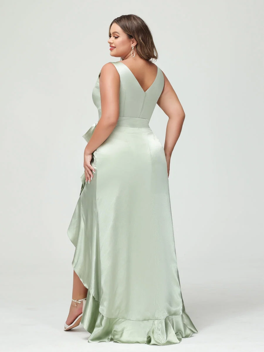 Bainha/Coluna Decote Em V Sem Mangas com Babados Vestidos Plus Size Altos e Baixos com Bolsos e Faixa - Image 3