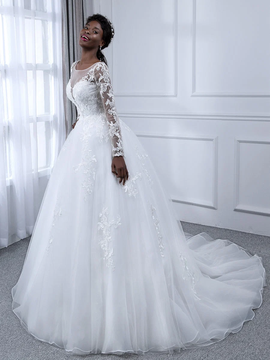 Vestido de Baile de Tule com Decote Transparente Vestidos de Noiva com Mangas Compridas e Apliques - Image 2