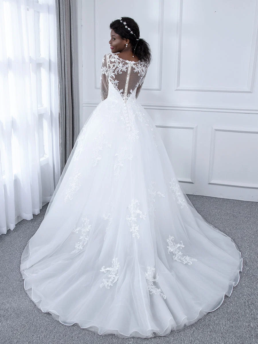 Vestido de Baile de Tule com Decote Transparente Vestidos de Noiva com Mangas Compridas e Apliques - Image 3