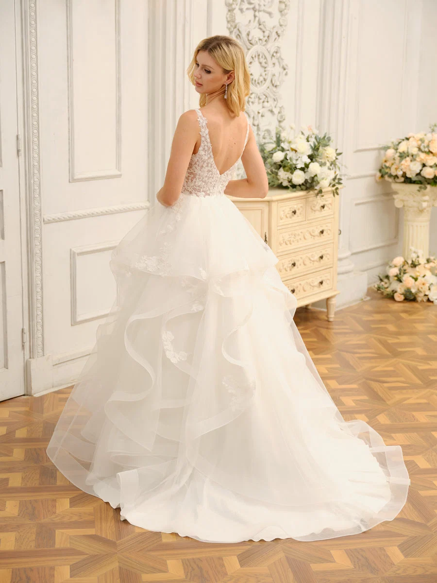 Vestido de Noiva Longo Sem Mangas com Decote Em V e Apliques - Image 3