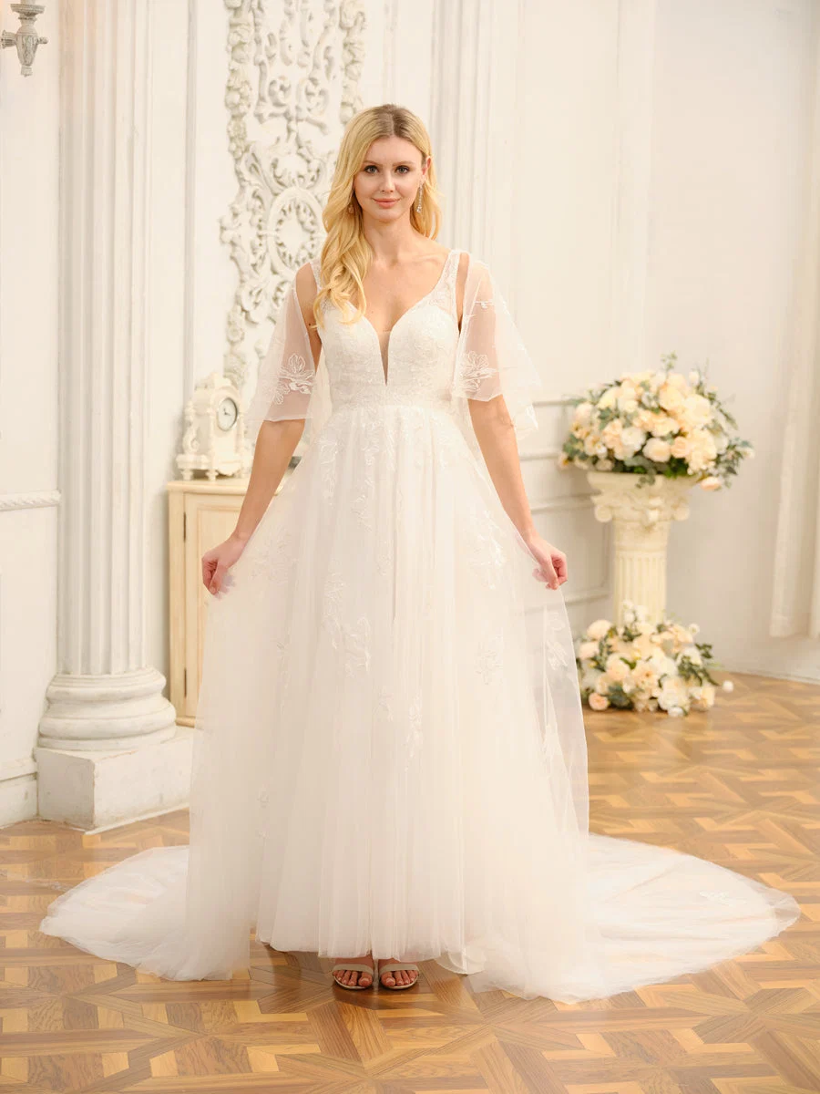 Vestidos de Noiva Longos Em Linha A/Princesa com Decote Em V e Meia Manga com Apliques - Image 4