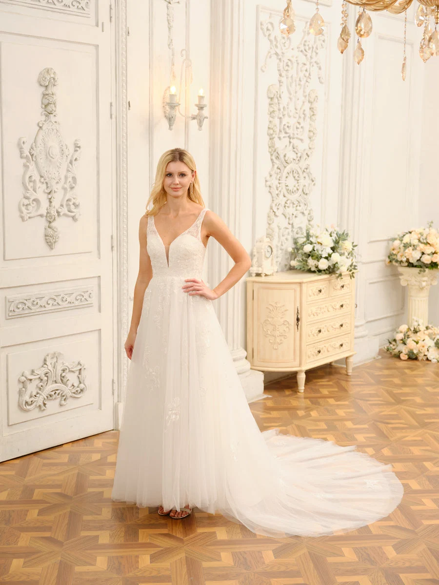 Vestidos de Noiva Longos Em Linha A/Princesa com Decote Em V e Meia Manga com Apliques - Image 7