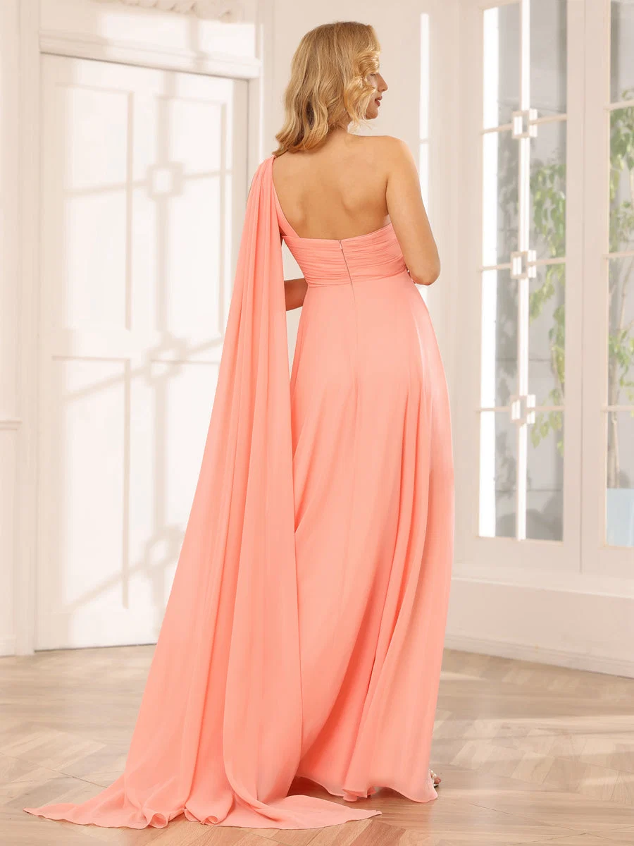 A-Line/Princesa Vestidos Longos de Dama de Honra com Um Ombro e Franzidos - Image 3
