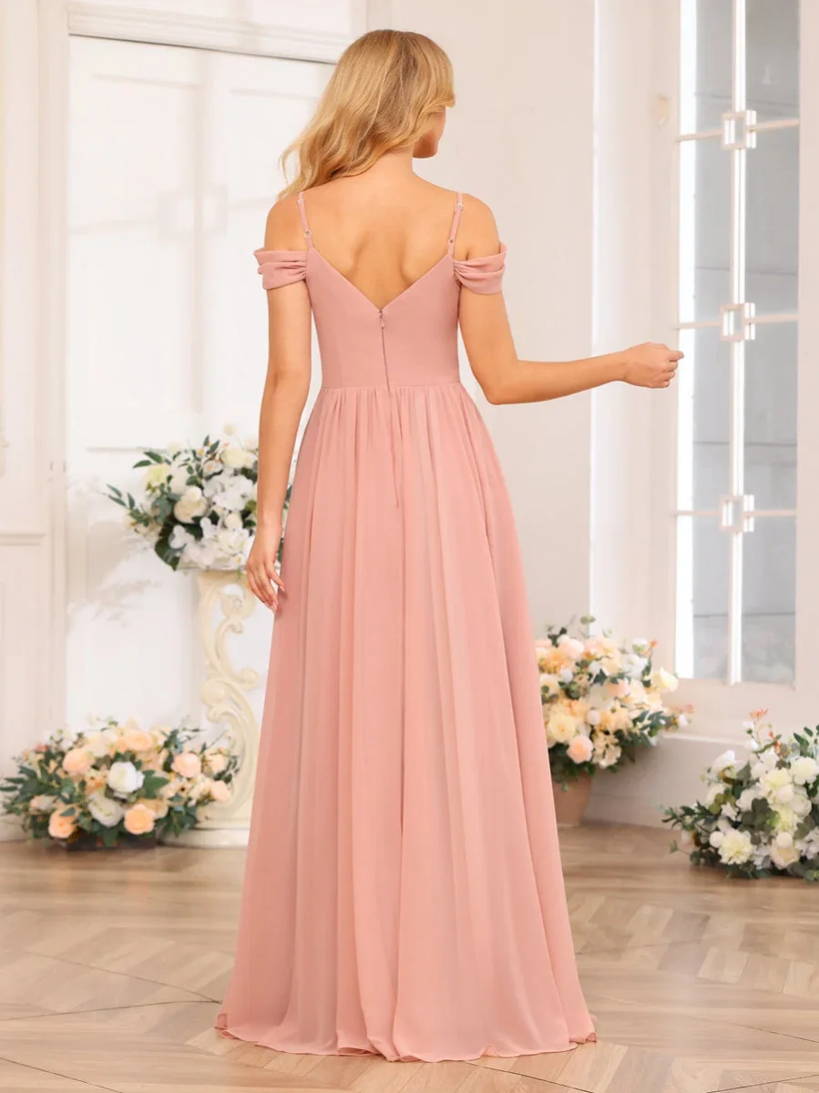 Vestidos Longos de Festa de Casamento com Alças Finas Evasê/Princesa com Laterais Divididas e Bolsos - Image 3