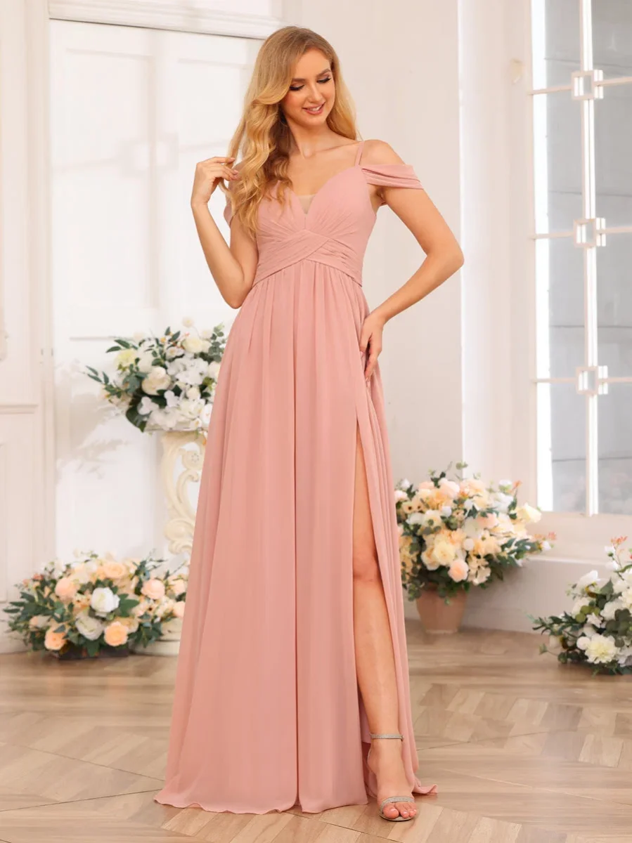 Vestidos Longos de Festa de Casamento com Alças Finas Evasê/Princesa com Laterais Divididas e Bolsos - Image 6